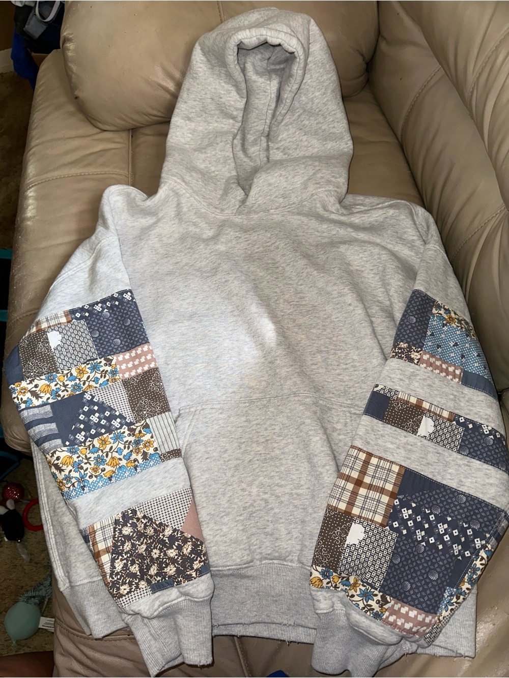 Abercrombie & Fitch Gray Crewneck Hoodie with Patchwork Sleeve Panels